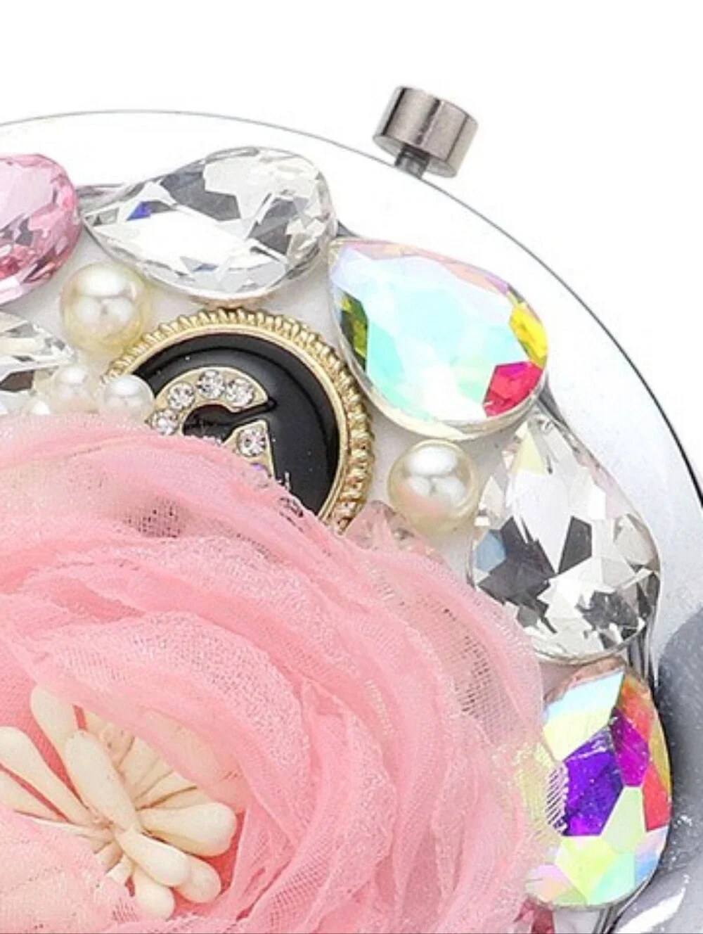 Pink Compact Mirror Floral Crystal Jeweled Circle Gem Bling Makeup Lipstick Case